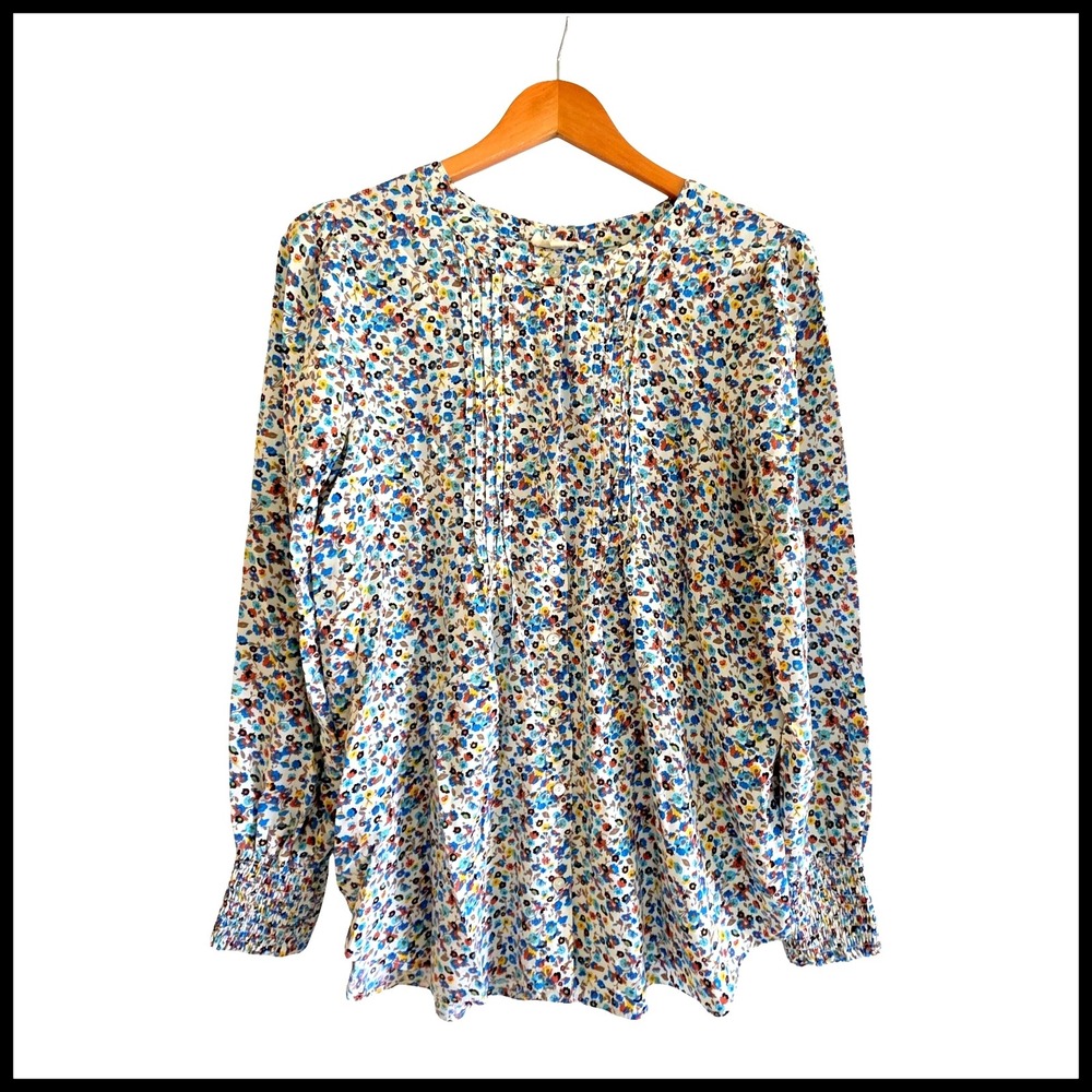 Jane and Delancey Womens Medium M Floral Pintuck Rayon Blouse Smocked Cuff Multi